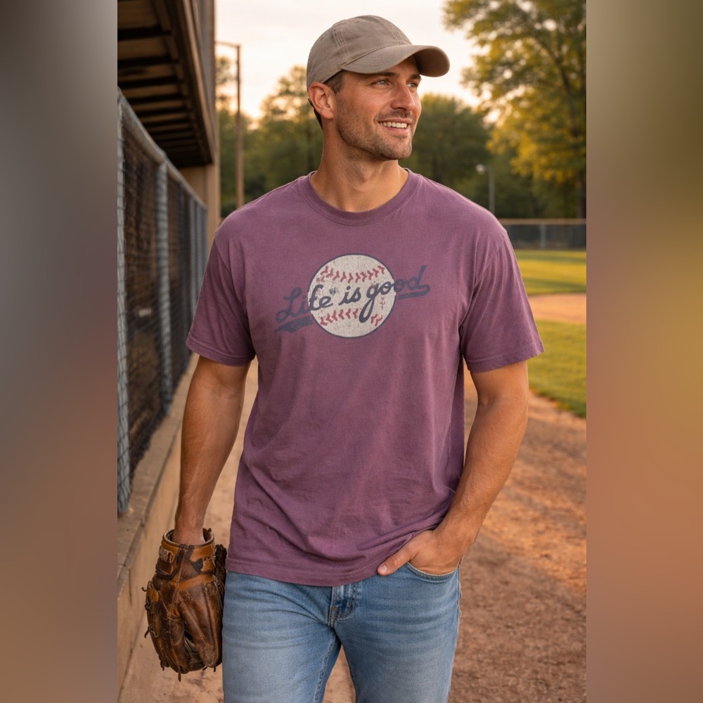 Life Is Good Baseball Graphic Purple Men's Ballyard Script Logo Tee Size XL